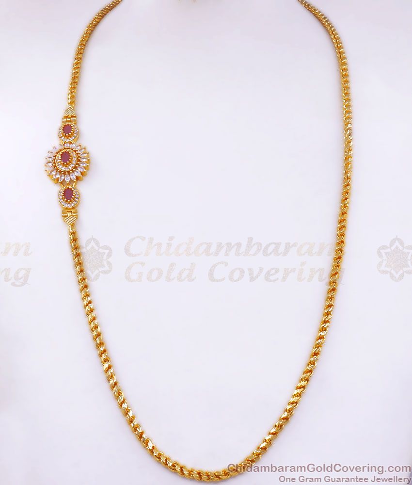 Glittering AD White Ruby Stone Floral Gold Mugappu Chain MCH1166