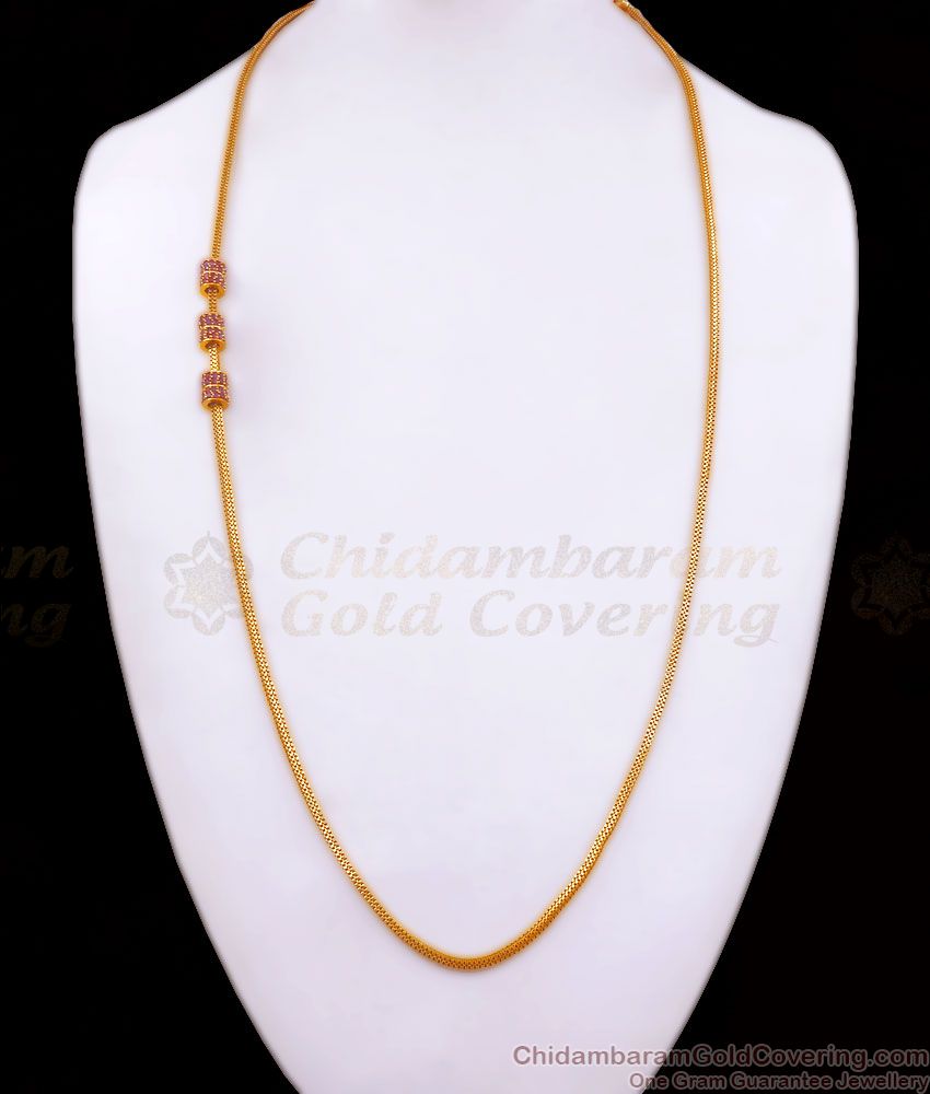 30 Inch Long Real Gold Chain Malaysian Thali Pattern Ruby Ball Mugappu MCH1174-LG