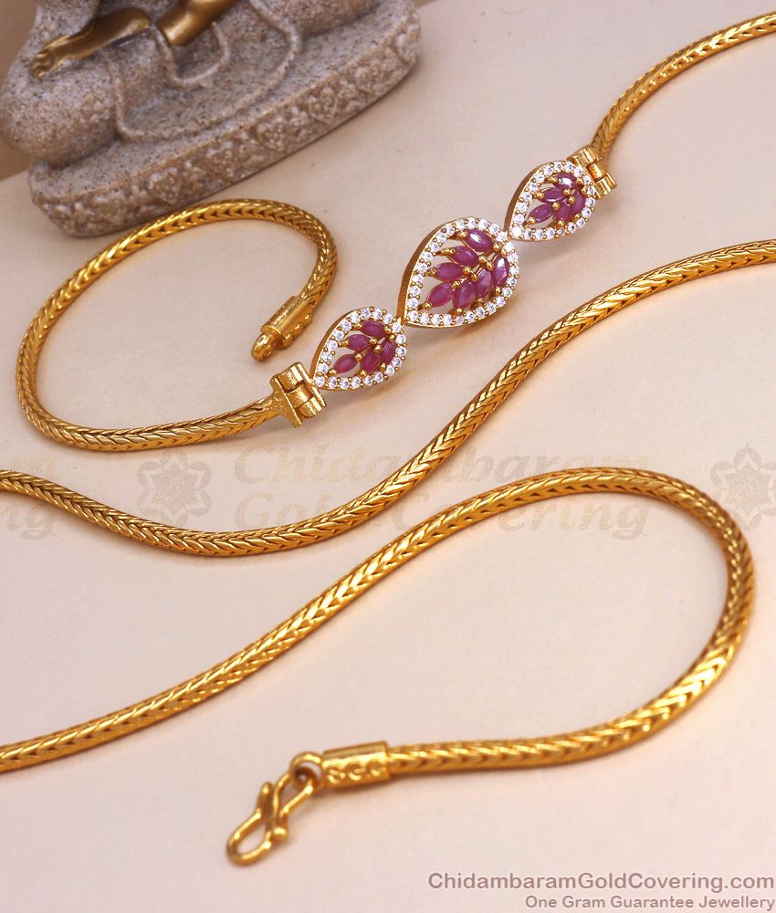 30 Inch Long Leaf Pattern White Ruby Stones Gold Plated Side Pendant Chain For Ladies MCH1192-LG