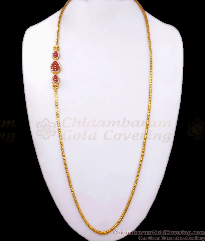 30 Inch Long Leaf Pattern White Ruby Stones Gold Plated Side Pendant Chain For Ladies MCH1192-LG