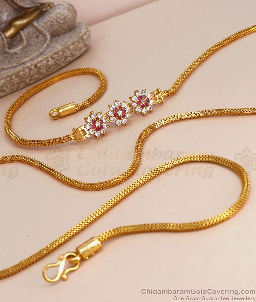 30 Inch Long One Gram Gold Side Pendant Chain Floral Stone Mugappu Collections MCH1204