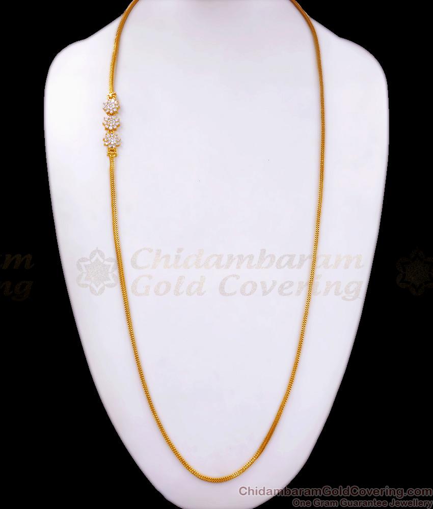 30 Inch Long White Stone Gold Plated Mugappu Chain Designs MCH1205