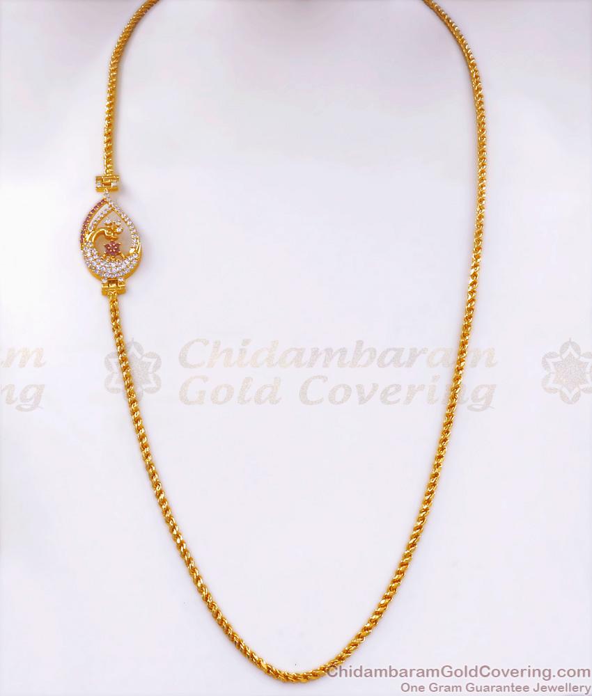 One Gram Gold Side Pendant Peacock Mugappu Chain Ruby White Stone Designs MCH1208