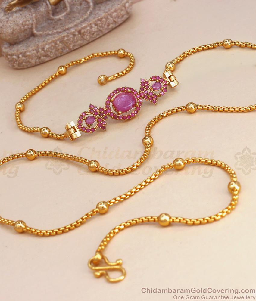 Full Ruby Stone Side Pendant Gold Beaded Chain Mugappu Designs MCH1225