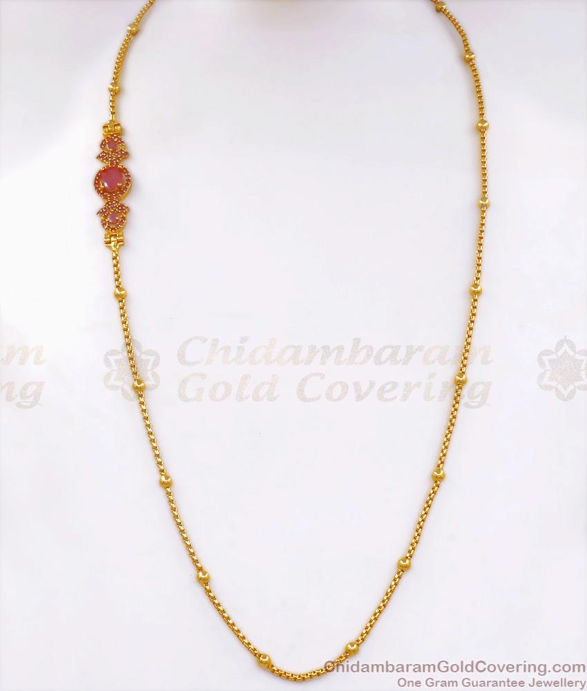 Full Ruby Stone Side Pendant Gold Beaded Chain Mugappu Designs MCH1225