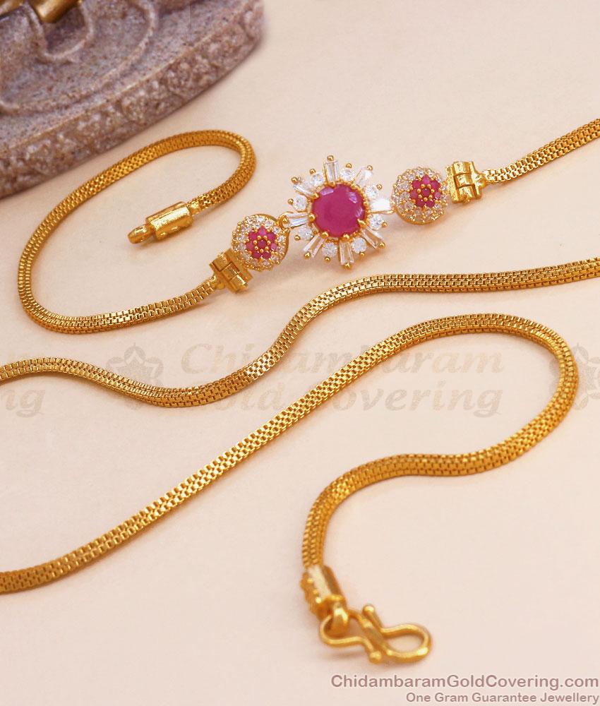 Stylish One Gram Gold Mugappu Chain Ruby White Stone Flower Designs MCH1292