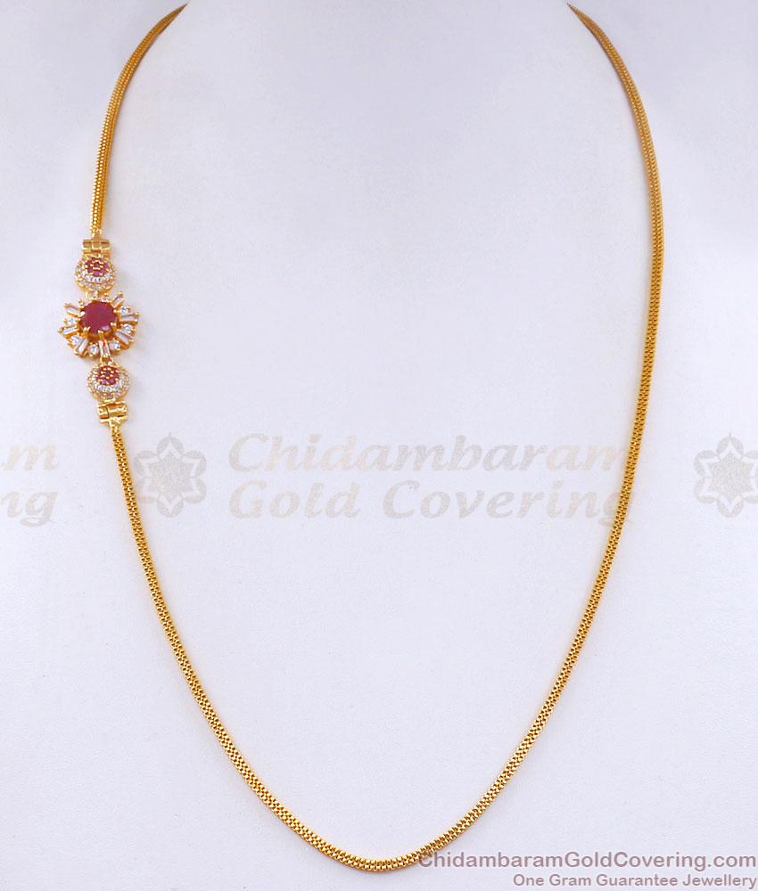 Stylish One Gram Gold Mugappu Chain Ruby White Stone Flower Designs MCH1292