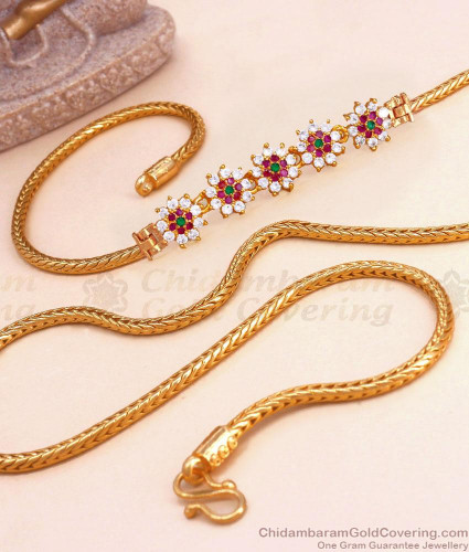 30 Inches Long 5 Multi Stone Floral Mugappu Gold Plated Thali Chain MCH1396 Lg