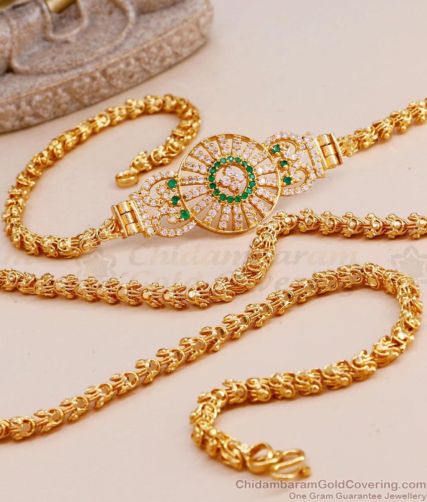 Premium Quality Gold Plated Diamond Mugappu With Green Stones MCH1525