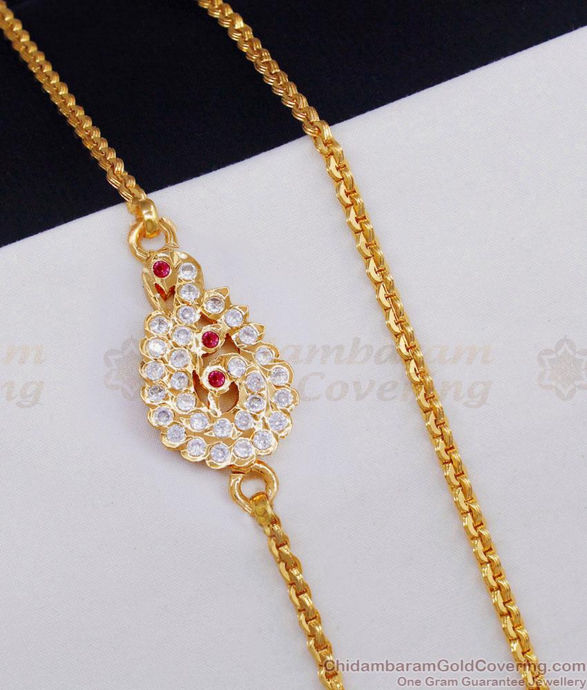 Stylish Ruby White Stone Peacock Design Impon Mugappu Thali Chain MCH1626 Stylish Ruby White Stone Peacock Design Impon Mugappu Thali Chain MCH1626