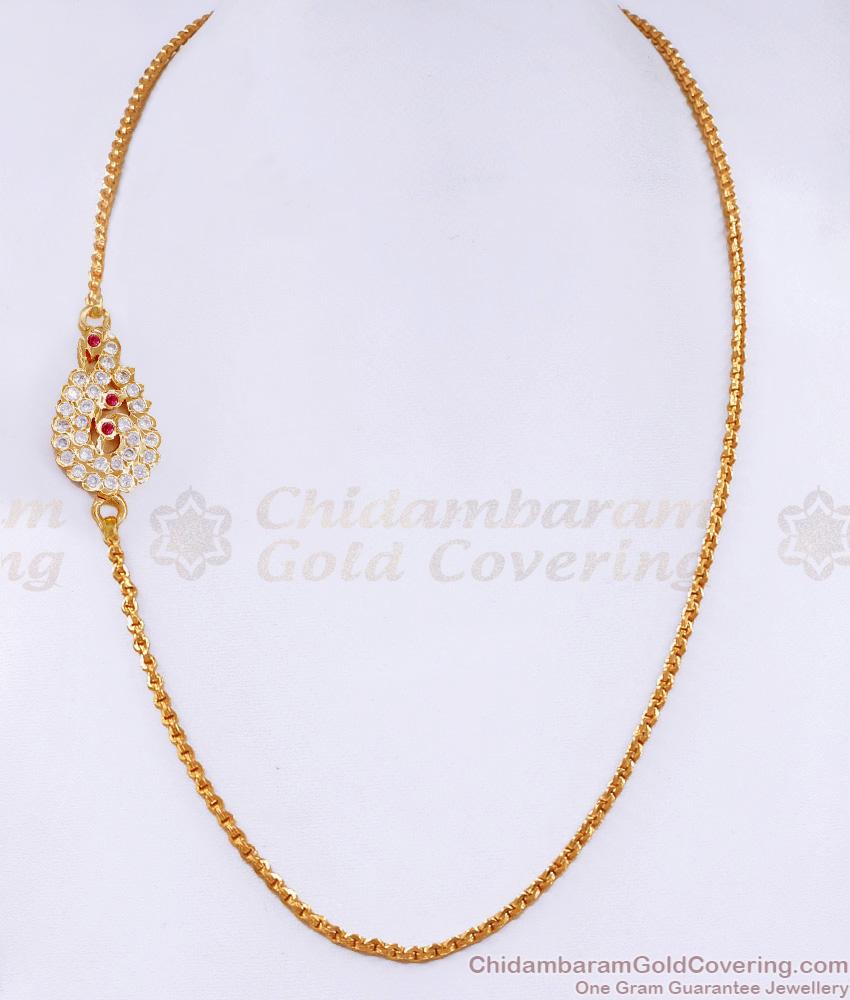 Stylish Ruby White Stone Peacock Design Impon Mugappu Thali Chain MCH1626 Stylish Ruby White Stone Peacock Design Impon Mugappu Thali Chain MCH1626