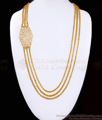 30 Inch Full White Stone Three Line Gold Plated Mugappu Thali Chain Impon Jewelry MCH1690-Lg