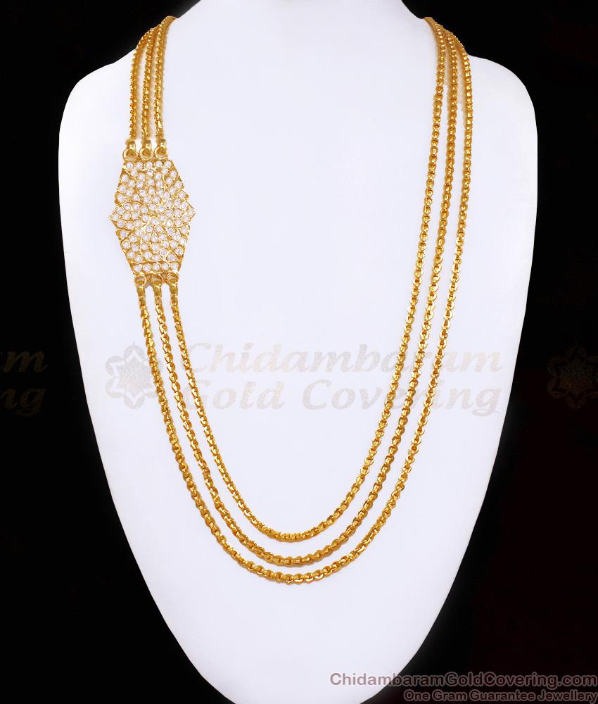 30 Inch Full White Stone Three Line Gold Plated Mugappu Thali Chain Impon Jewelry MCH1690-Lg