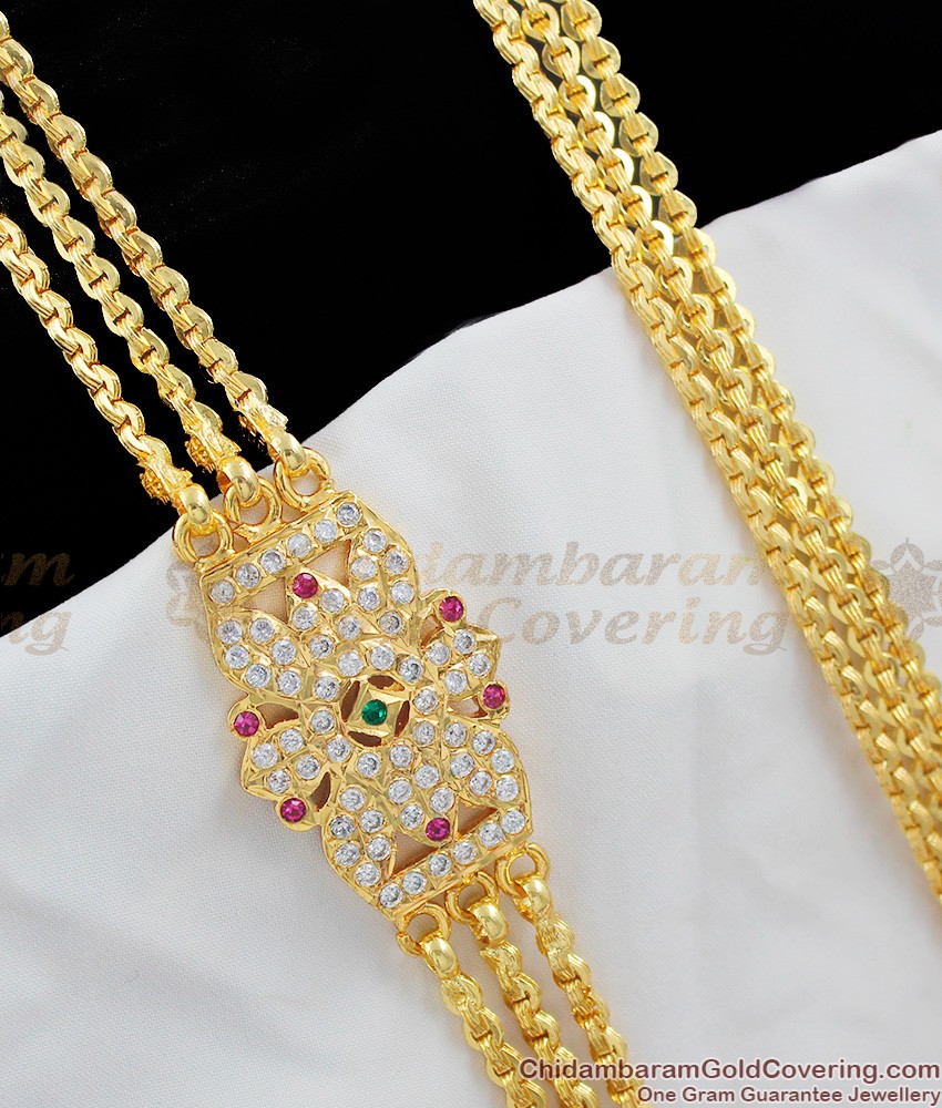 Traditional Impon Three Line Mugappu Chain With Stones Side Pendant Designs MCH173