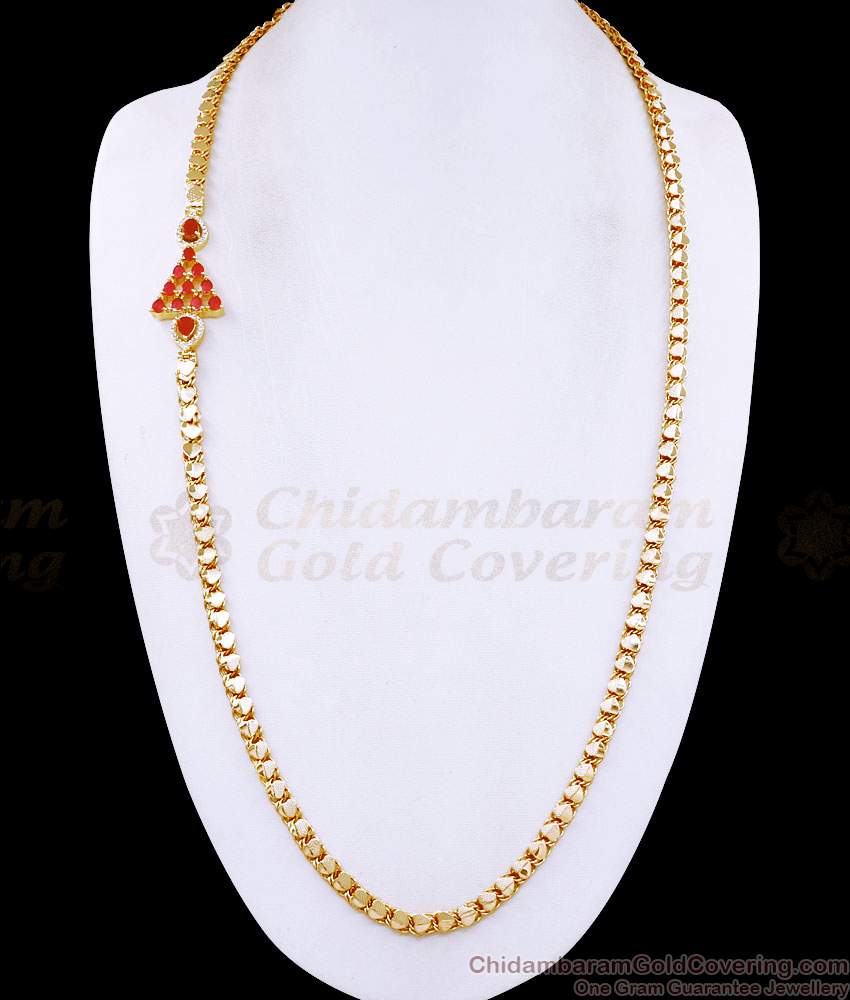 30 Inch Long High Quality Ruby Gemstone Gold Mugappu Heart Chain Design MCH1746-LG