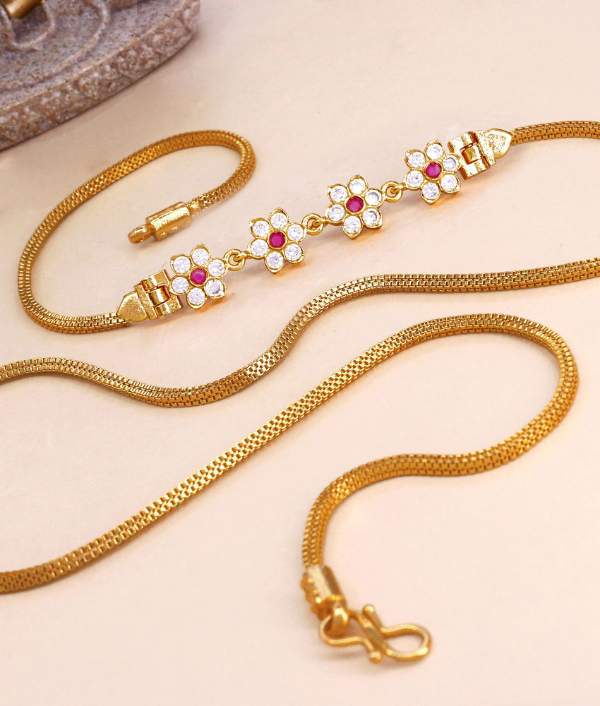 Beautiful Ad Stone Floral Side Pendant Gold Mugappu Chain MCH1748