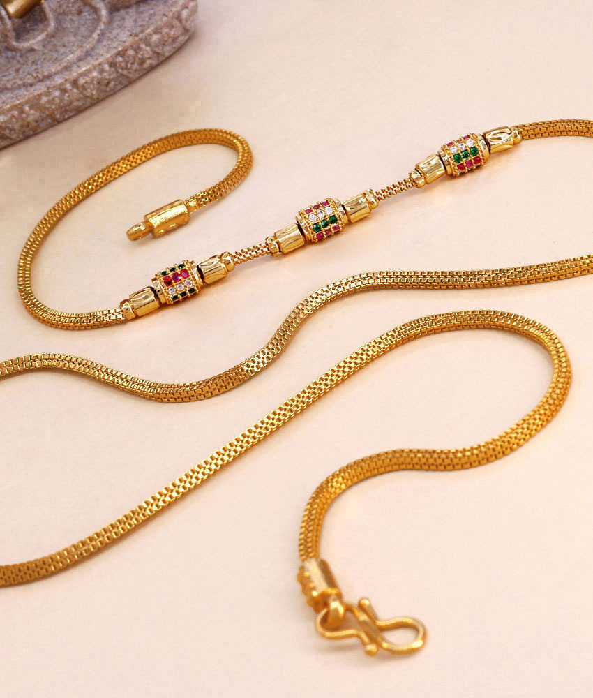 Light Weight Thin Gold Plated Mugappu Chain With Multi Color Stone MCH1749