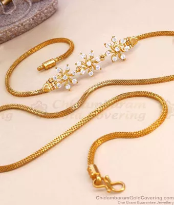30 Inch Long Premium Look White Stone Side Pendant Gold Plated Mugappu Chain MCH1762-LG