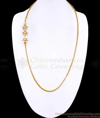 30 Inch Long Premium Look White Stone Side Pendant Gold Plated Mugappu Chain MCH1762-LG