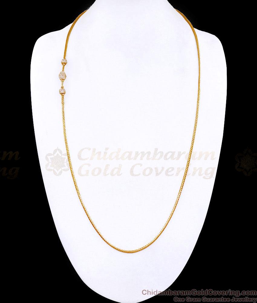 30 Inch Long Latest White Stone Ball Design Micro Gold Plated Mugappu Thali Chain MCH1889-Lg 30 Inch Long Latest White Stone Ball Design Micro Gold Plated Mugappu Thali Chain MCH1889-Lg