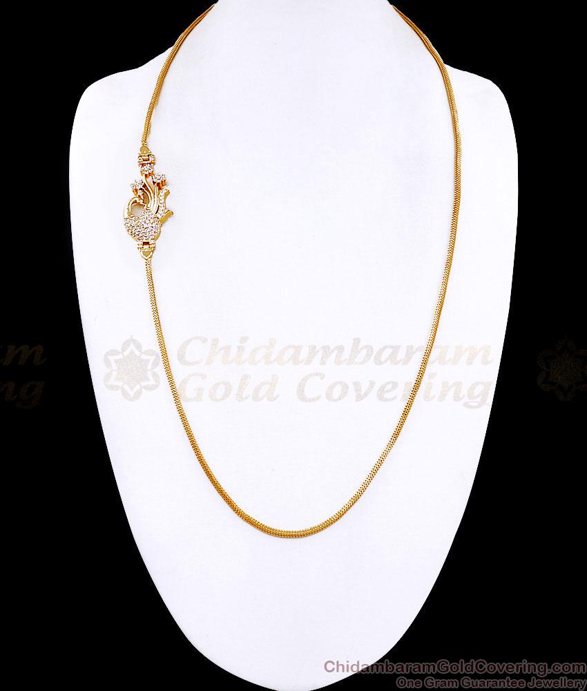 30 Inch Long Full White Stone Peacock Design Gold Plated Mugappu Chain MCH1907-LG