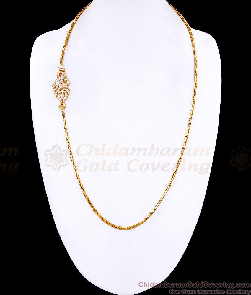 30 Inch Long Beautiful Full White Stone Gold Mugappu Chain Peacock Design MCH1918-LG