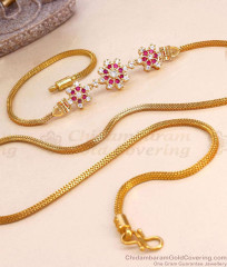 30 Inch Long Traditional Ad Stone Triple Floral Side Pendant Thali Chain MCH1922-LG