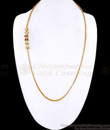 30 Inch Long Ruby White Stone Modern Side Pendant Gold Mugappu Chain MCH1925-LG 30 Inch Long Ruby White Stone Modern Side Pendant Gold Mugappu Chain MCH1925-LG