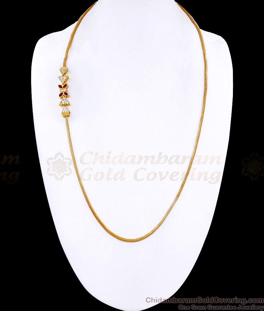 30 Inch Long Ruby White Stone Modern Side Pendant Gold Mugappu Chain MCH1925-LG