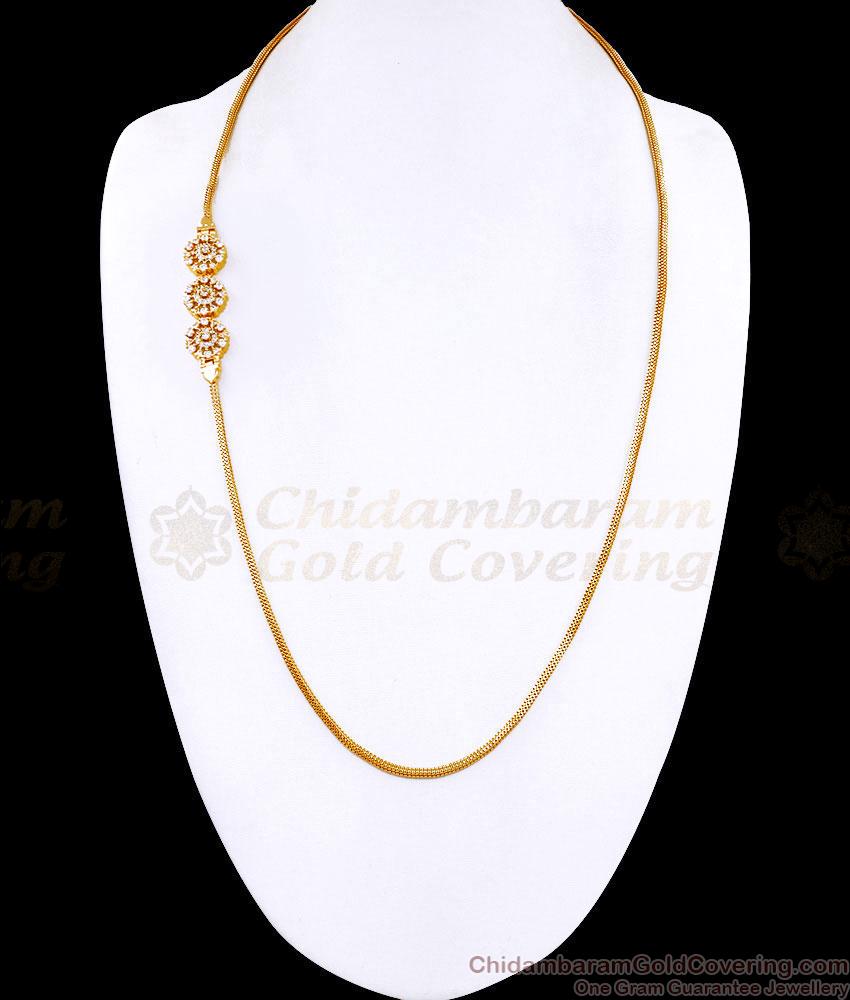 30 Inch Long Full White Stone Triple Flower Pendant Mugappu Chain MCH1927-LG 30 Inch Long Full White Stone Triple Flower Pendant Mugappu Chain MCH1927-LG
