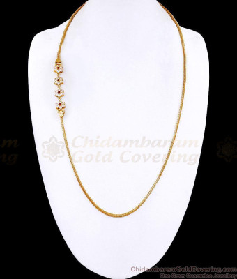30 Inch Long Daily Wear Gold Imitation Ad Stone Floral Side Pendant Mopu Chain MCH1939-LG