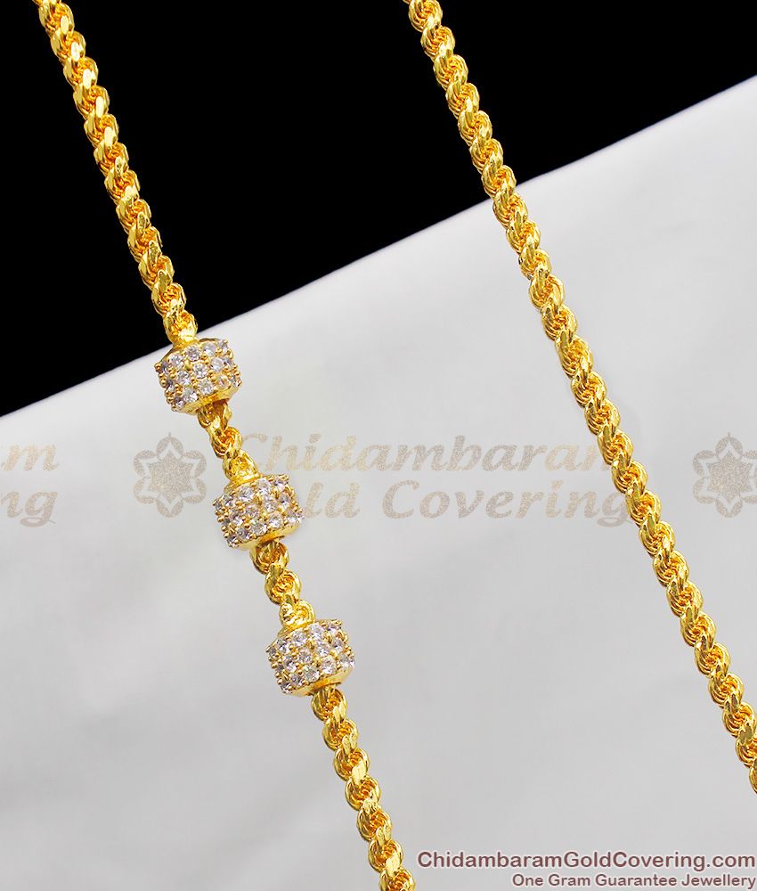30 Inches Long CZ Stone Cylindrical Design Side Pendant Gold Plated Thali Chain MCH194