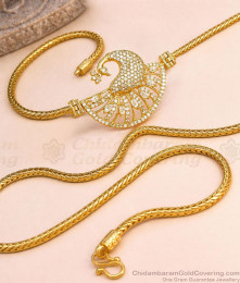 30 Inch Long Elegant White Cz Stone Peacock Gold Mugappu Thali Kodi Chain MCH1945-LG 30 Inch Long Elegant White Cz Stone Peacock Gold Mugappu Thali Kodi Chain MCH1945-LG