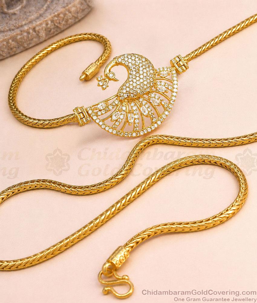 30 Inch Long Elegant White Cz Stone Peacock Gold Mugappu Thali Kodi Chain MCH1945-LG 30 Inch Long Elegant White Cz Stone Peacock Gold Mugappu Thali Kodi Chain MCH1945-LG