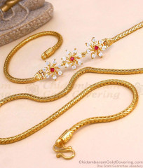 Trendy Ruby White Ad Stone Floral Pendant Gold Mugappu Chain MCH1956