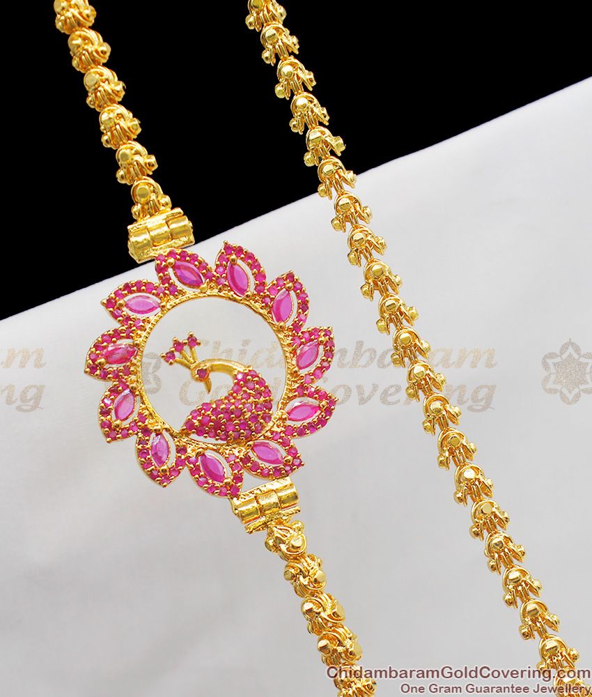 30 Inches Long Full Ruby Stone Peacock Design Mugappu Side Pendant Chain For Married Womens MCH199