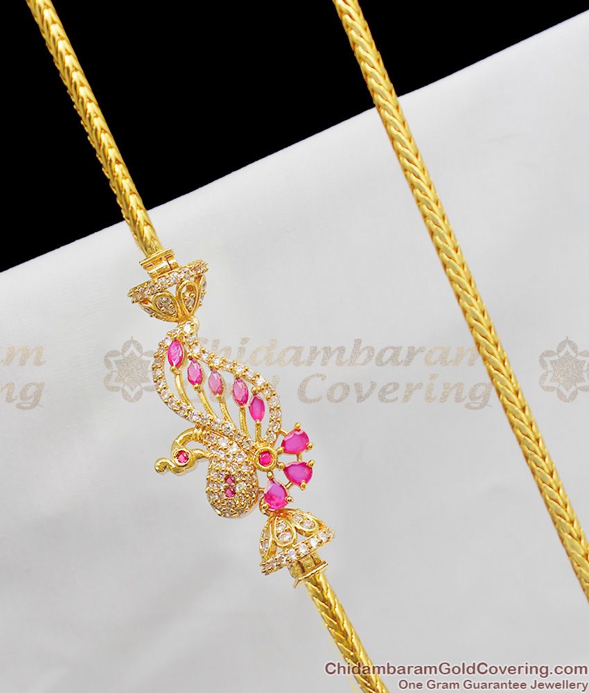 30 Inches Long Fancy AD Ruby Stone Peacock Design Gold Side Pendant Chian Online MCH202