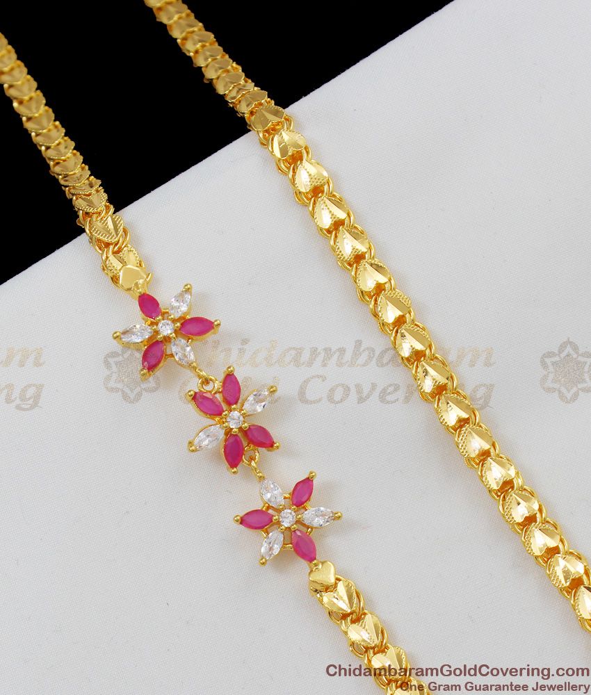 30inches Long Fancy Pink And White Stone Gold Inspired Thick Mugappu Thali Saradu Chain Online MCH272