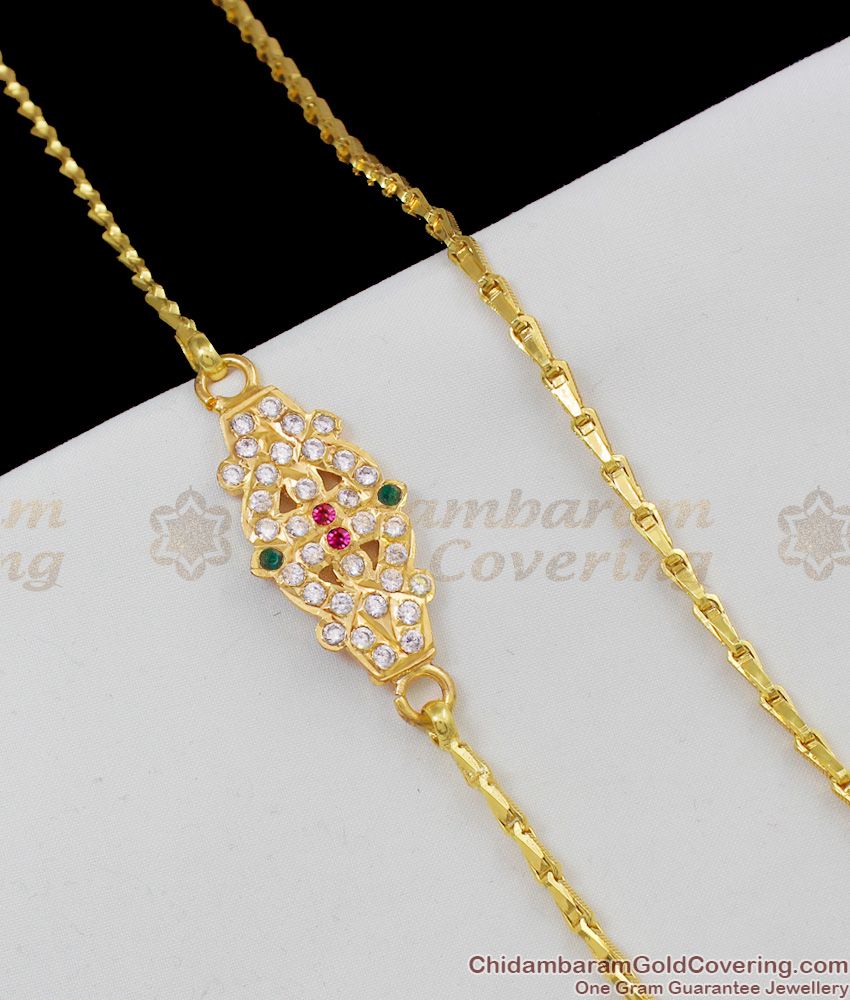 Thin Impon Gold Side Pendant Chain With Multi Color Stones Mopu Thali Kodi MCH294