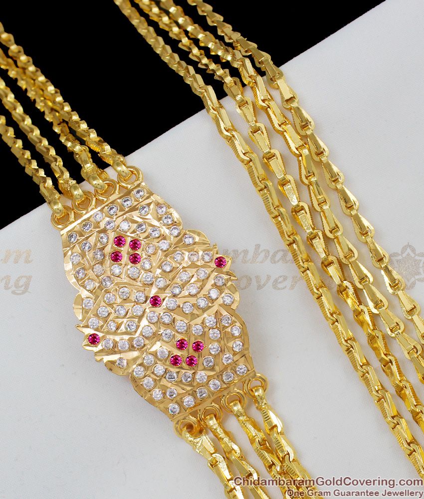 Four Line Big Impon Gold Imitation Side Pendant Mugappu With AD Ruby Stones MCH302