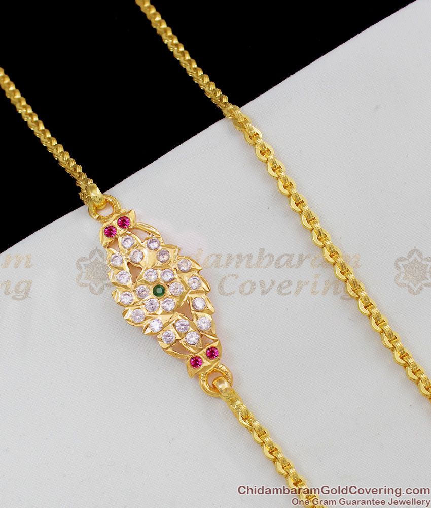 Flat Single Line Multi Stone Five Metal Gold Mugappu Thali Chain Classic Impon Design MCH305 Flat Single Line Multi Stone Five Metal Gold Mugappu Thali Chain Classic Impon Design MCH305