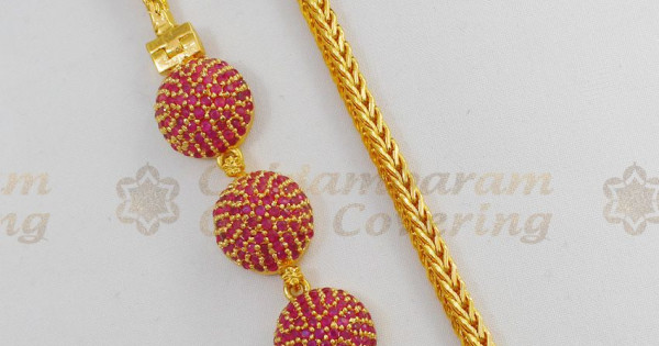 Glorious Full Ruby Stone Half Circle Small Balls Gold Plated Mugappu Chain MCH316
