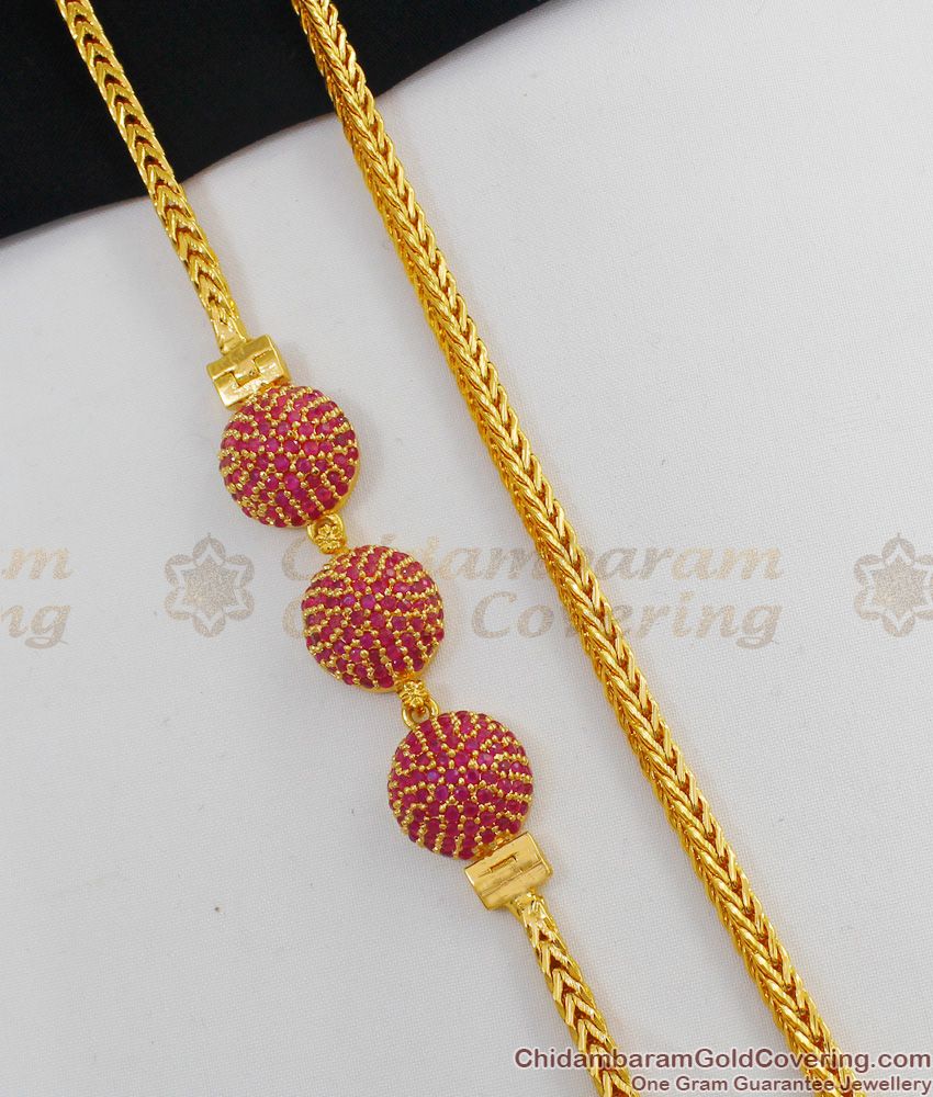 Glorious Full Ruby Stone Half Circle Small Balls Gold Plated Mugappu Chain MCH316