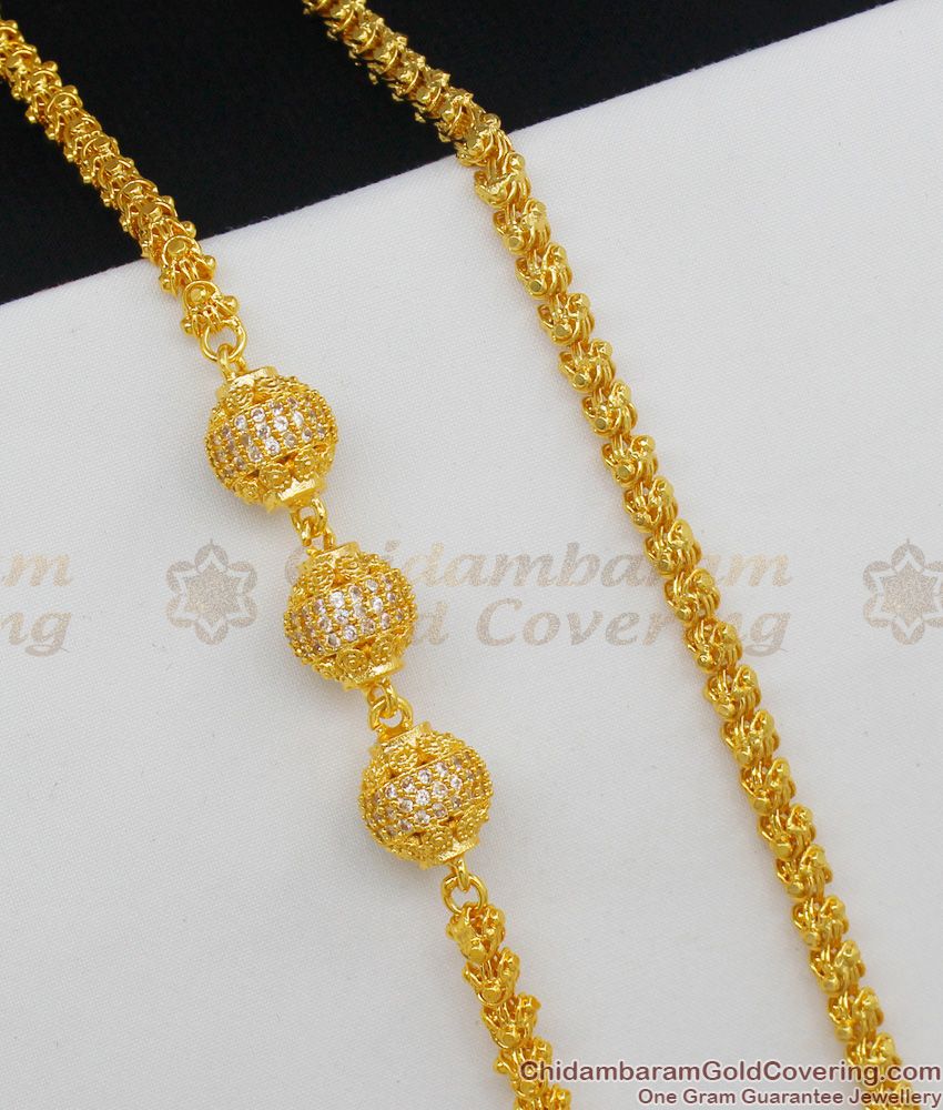 Grand Gold Finish AD Stone Filled Triple Balls Thick Mogappu Thali Chain Collections MCH324 Grand Gold Finish AD Stone Filled Triple Balls Thick Mogappu Thali Chain Collections MCH324