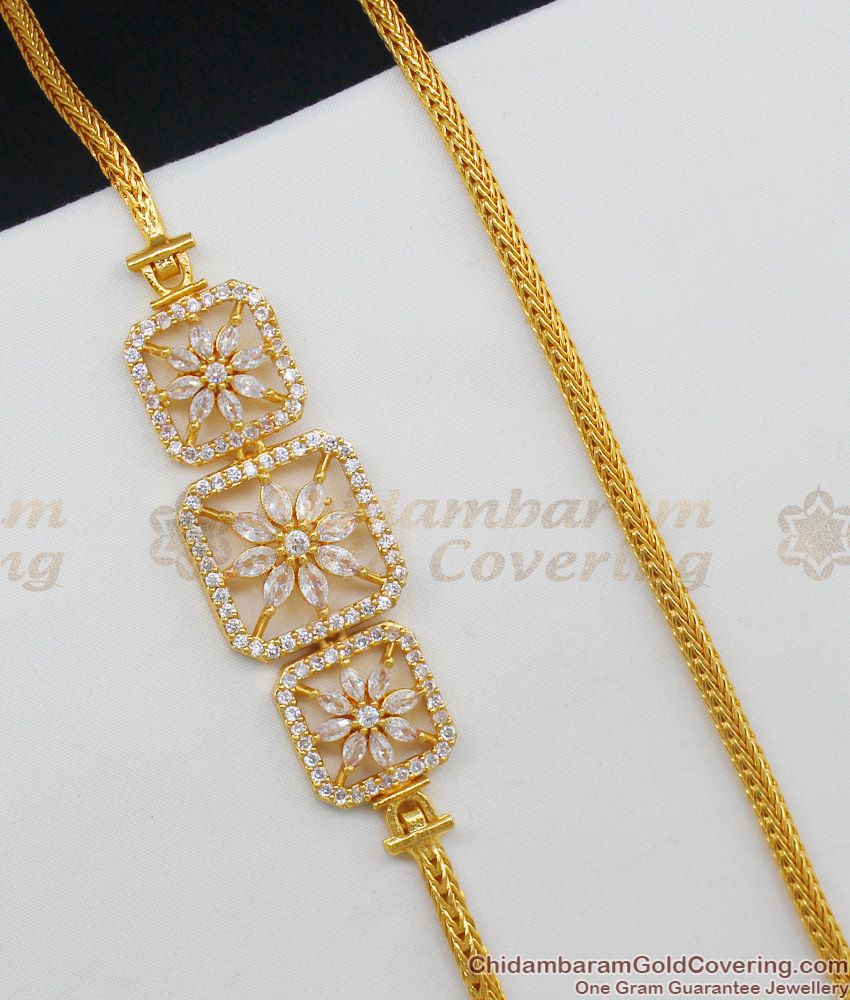 Fancy White Diamonds Filled Flower Design Real Gold Side Pendant Chains For Womens MCH333
