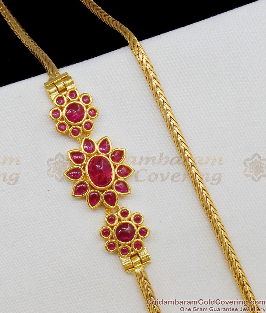 Attractive Kemp Ruby Stone Triple Flower Designed Side Pendant Gold Chain MCH338