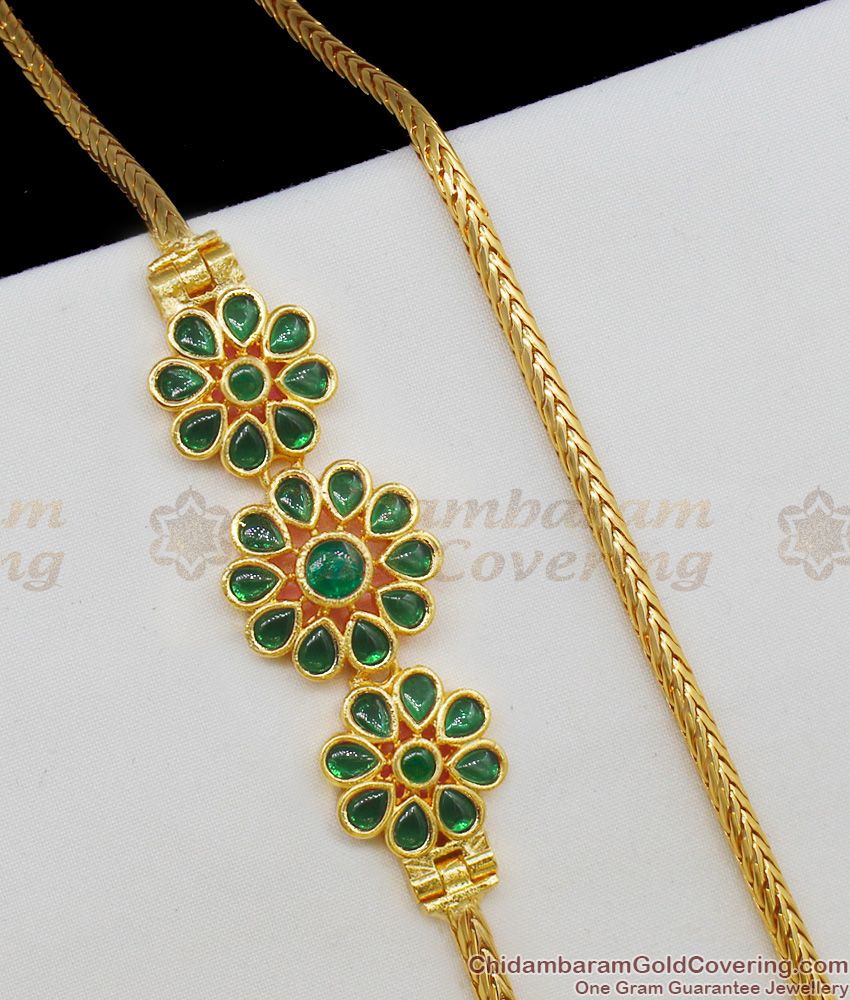Triple Flower Design Gold Plated Side Pendant Chain With Kemp Stone MCH362