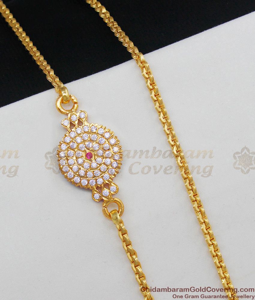 Full White And Single Red Gati Stones Gold Impon Round Side Pendant Mugappu Chain MCH377