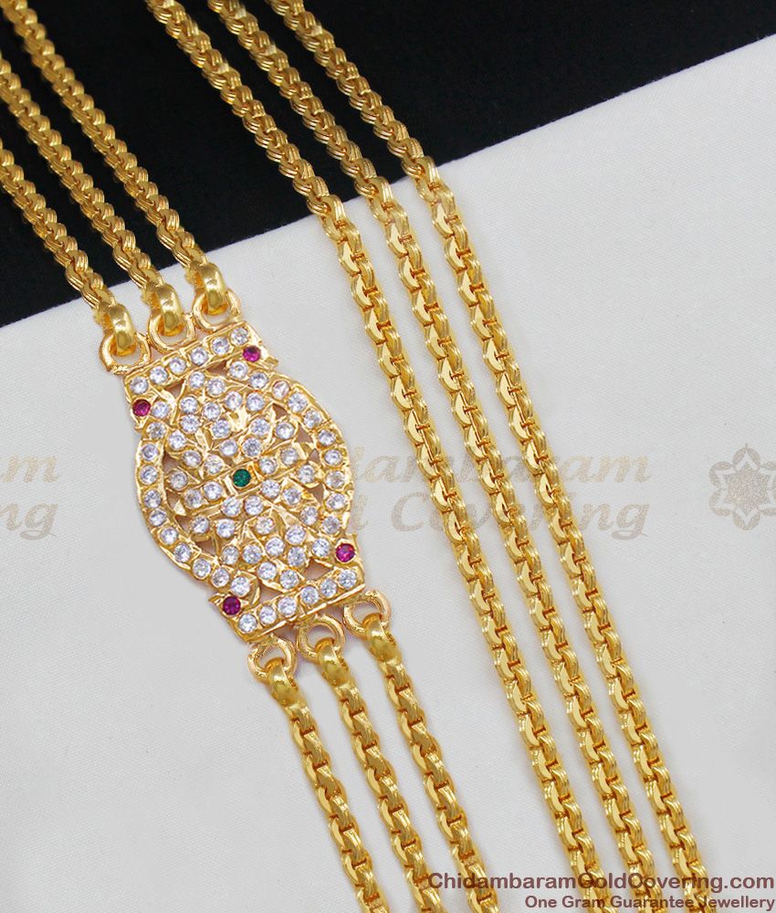 Three Line Big Impon Gold Imitation Side Pendant Mugappu With AD Ruby Green Stones MCH387