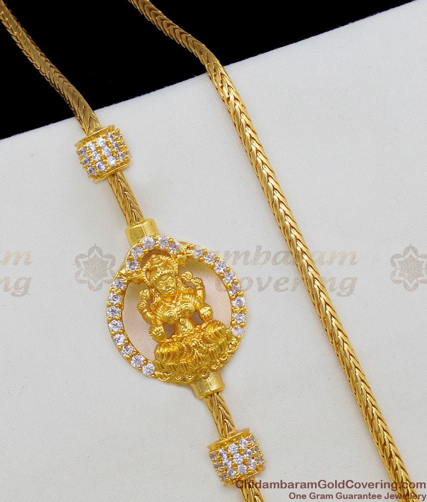 Sparkling Full AD White Stones Lakshmi Design Mugappu Gold Thali Kodi Traditional Wear Jewelry MCH397
